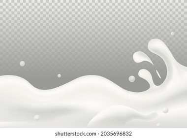 Realistic milk waves. Liquid flows, leave drops. Dairy product texture. Pictures for grocery stores. Unusual product frame design. Flat vector illustration isolated on transparent background