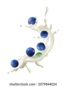 Composición realista de bayas de yogur de leche con salpicaduras de líquido blanco y de vectores maduros de arándano azul