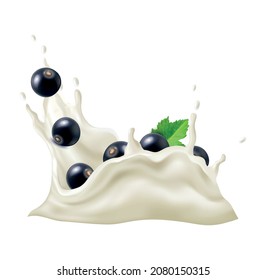 Realistic milk yogurt berries composition with splashes of white liquid and ripe blackcurrant vector illustration