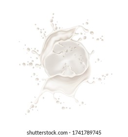 Realistic milk, yogurt explosion swirl on isolated background. Vector splashing milk for dairy products, cocktails package design. Milky splash, natural organic drink.