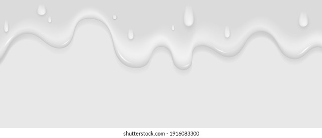 Realistic milk yogurt flows down on light background. White liquid with drops. Soft texture of a dairy product for your graphic design. Ice cream melts. Vector illustration. EPS 10.