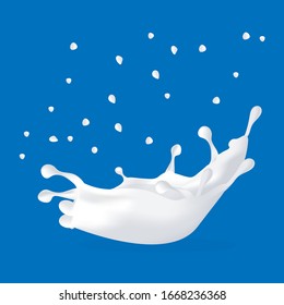  realistic milk or yogurt splashes, flowing cream, abstract white blots, milky swirls isolated on blue background. Clipart for package design of natural, organic dairy products
