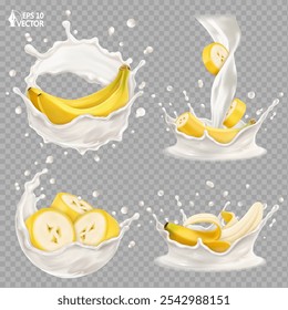 Realistische Milch- oder Joghurtspritzer mit geschnittenen natürlichen Bananen einzeln auf weißem Hintergrund. Verschiedene Formvariationen. 3D-Vektorgrafik von Lebensmitteln, Designelementen