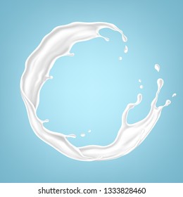 Realistic milk or yogurt splashes. Milk swirl isolated on blue background. Vector illustration