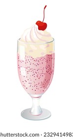 Realistic milkshake cocktails with strawberry flavour. Cool refreshing drink with whipped cream and cherry