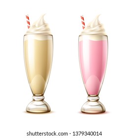 Realistic milkshake cocktails with vanilla, strawberry flavour. Vector sweet drinks for summer party design. Cool refreshing drink with whipped cream. Cherry juice shake for restaurant menu design