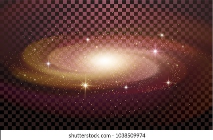 Realistic milky way spiral galaxy with stars isolated on transparent background. Bright blue yellow and red stars with space galaxy star dust. Can be used on flyers banners, web and other projects. 