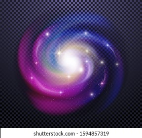 Realistic milky way spiral galaxy with stars isolated on transparent background. Bright blue yellow and red stars with space galaxy star dust. Can be used on flyers banners, web and other projects. 