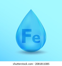 Realistic Mineral drop Fe Iron design. Blue nutrition design for beauty, cosmetic, heath advertising. Fe Iron Mineral design