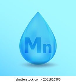 Realistic Mineral drop Mn Manganese design. Blue nutrition design for beauty, cosmetic, heath advertising. Mn Manganese Mineral design