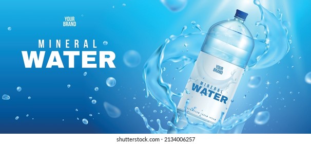 Realistic mineral water bottle ads horizontal poster with branded plastic bottle beyond liquid splash flying droplets vector illustration