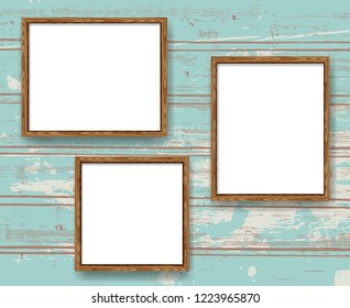Realistic minimal blank wood frames set over light blue wooden background. Borders vector illustration.