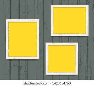 Realistic minimal blank wood yellow frames set over rustic background. Wooden border vector illustration.