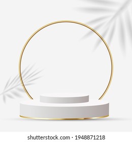 Realistic minimal podium with geometric shapes. top hat podium with leave shadow. Podium for product demonstration. vector illustration.