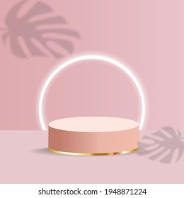 Realistic minimal podium with geometric shapes. top hat podium with leave shadow. Podium for product demonstration. vector illustration.