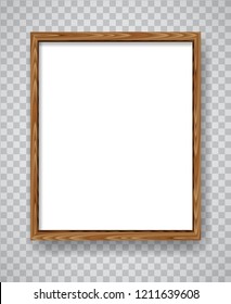 Realistic minimal rectangular blank wood frame over transparent chequered background. Wooden border vector illustration.