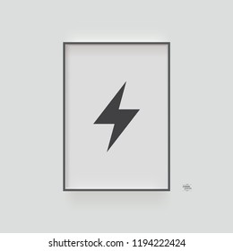 Realistic minimal white picture frame with minimal lightning icon on white wall. Eps 10 stock vector illustration