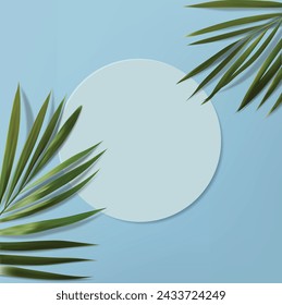 Escena minimalista realista con hojas tropicales y vista superior de la escena azul, escena 3d para cosméticos, vector