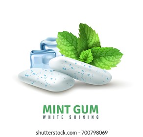 Realistic mint gum with blue inclusions, ice cubes and green leaves on white background vector illustration