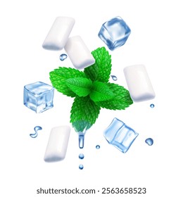 Realistic mint gum with ice cubes and white gum pads, Spearmint green leaves and bubblegum cold freshness on white background with menthol extract drops vector illustration