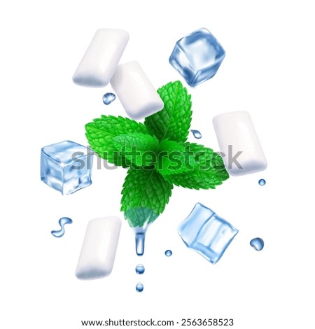 Realistic mint gum with ice cubes and white gum pads, Spearmint green leaves and bubblegum cold freshness on white background with menthol extract drops vector illustration