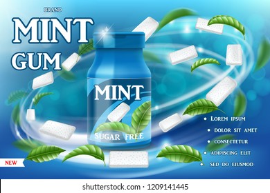 Realistic mint gum poster ads. Gum packaging with swirl of green leaves on blue background. Product package template design. Vector 3d illustration