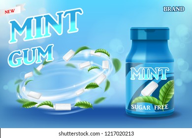 Realistic mint gum poster ads for your design. Gum package product with mint leaves. Vector 3d illustration