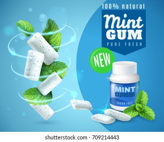 Realistic mint gum poster with swirl of chewing pads and green leaves on blue background vector illustration