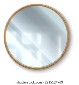 Realistic mirror. 3D reflective glass surface in circle frame. Geometric round shape. Hanging on wall interior element. Bathroom or bedroom furniture. Vector apartment