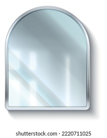 Realistic mirror. 3D reflective glass surface in silver frame. Geometric arch shape. Hanging on wall interior element. Bathroom or bedroom furniture. Vector apartment