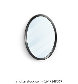 Realistic mirror in black oval frame with blurry reflection 3d vector illustration isolated on white background. House and apartments interior decor furniture element.