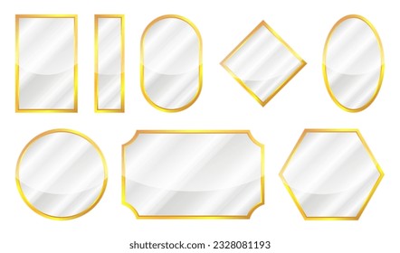 Realistic mirror collection. Reflecting glass mirrors of different shapes. Mirrored frames isolated on white background. Vector illustration.