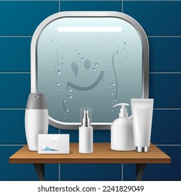 Realistic mirror. Drawn smiley face on condensation, modern bathroom decor in metal frame, toilet interior reflective glass, 3d elements, soap and cosmetic bottles, utter vector concept