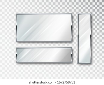 Realistic Mirror isolated set. Mirror frame, white mirrors template. Realistic 3D design for interior furniture. Reflecting glass surfaces isolated