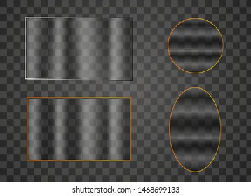 Realistic mirror on transparent background. Mirror frames vector illustration. Transparent shiny glass plates.