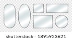 Realistic mirror set. Reflecting glass mirrors of different shapes. Mirrored frames. Vector illustration.