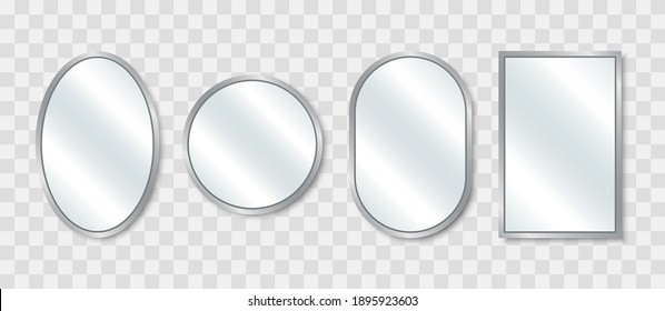 Realistic mirror set. Reflecting glass mirrors of different shapes. Mirrored frames. Vector illustration.