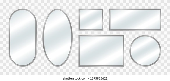 Realistic mirror set. Reflecting glass mirrors of different shapes. Mirrored frames. Vector illustration.