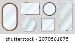 Realistic mirror in various shapes, reflective glass with metal frames. 3d metallic gold and wooden frame mirrors, interior decor vector set. Modern decorative borders isolated set