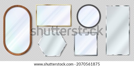 Realistic mirror in various shapes, reflective glass with metal frames. 3d metallic gold and wooden frame mirrors, interior decor vector set. Modern decorative borders isolated set
