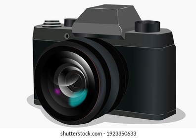 Realistic Mirrorless digital photo cameras, front side view designs. Vector illustration on white background