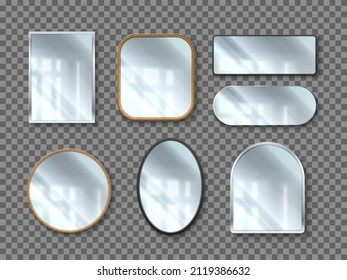 Realistic mirrors. 3D reflective glass surface in different shape frames. Decorative vintage and modern forms. Hanging on wall room furniture. Vector isolated interior