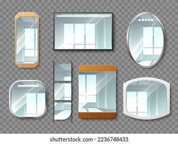 Realistic mirrors. Different shapes isolated reflective glossy glasses in metal and wooden frames, wall mounted interior hanging objects, 3d elements on transparent background, utter vector set