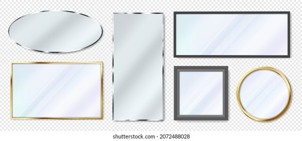 Realistic mirrors with gold or black frames, reflective glass surfaces. 3d mirror in different shapes, interior furniture elements vector set. Isolated modern frameworks collection