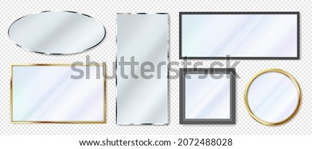 Realistic mirrors with gold or black frames, reflective glass surfaces. 3d mirror in different shapes, interior furniture elements vector set. Isolated modern frameworks collection