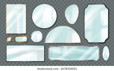 Realistische Spiegel. Spiegelrahmen reflektieren Licht, Glas Reflexeffekt Rahmen rund Kreis quadratisch oval Form hängen an Badezimmerwand Möbel, Satz genaue Vektorgrafik