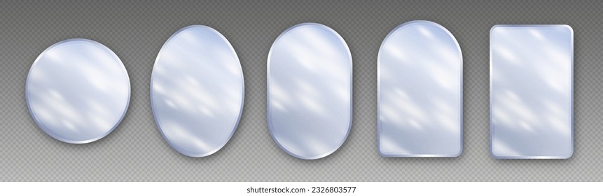 Realistic mirrors, modern make up mirrors in various shapes. Shiny glass surfaces with sunshine reflections, home decor mock up collection. Minimalistic furniture vector illustration.