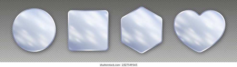 Realistic mirrors, modern make up mirrors in various shapes. Shiny glass surfaces with sunshine reflections, home decor mock up collection. Minimalistic furniture vector illustration.