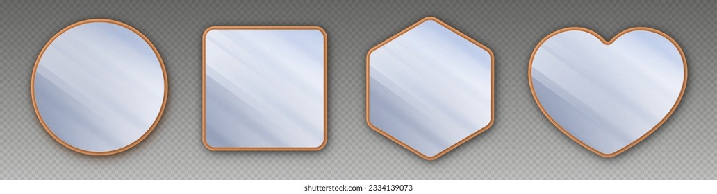 Realistic mirrors, modern make up mirrors with wooden frames. Shiny glass surfaces with reflections, home decor mock up collection. Minimalistic furniture vector illustration.