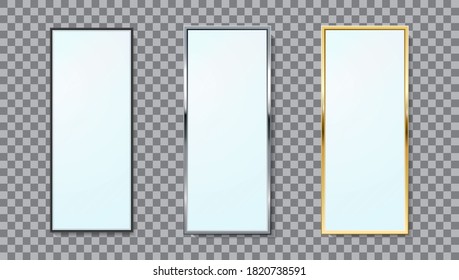 Realistic mirrors rectangle frame vector set of different colors isolated. Realistic metalic gold and silver rectangle frames  mirrors template.  Reflecting glass surfaces isolated. 